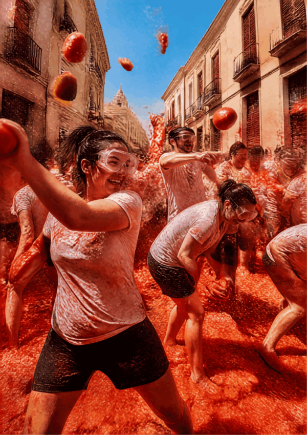 Participantes lanzándose tomates durante la Tomatina de Buñol.