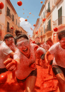 Batalla de tomates entre participantes de la Tomatina de Buñol.