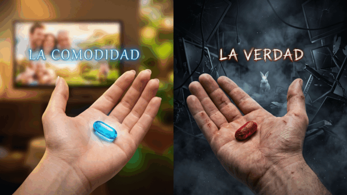 Dos pastillas como símbolo de elección y pensamiento crítico frente a la manipulación mediática.