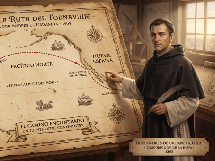 Mapa histórico de la ruta del tornaviaje por el océano Pacífico.