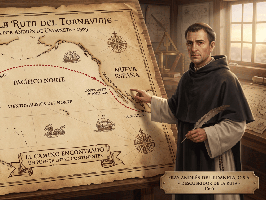 Mapa histórico de la ruta del tornaviaje por el océano Pacífico.