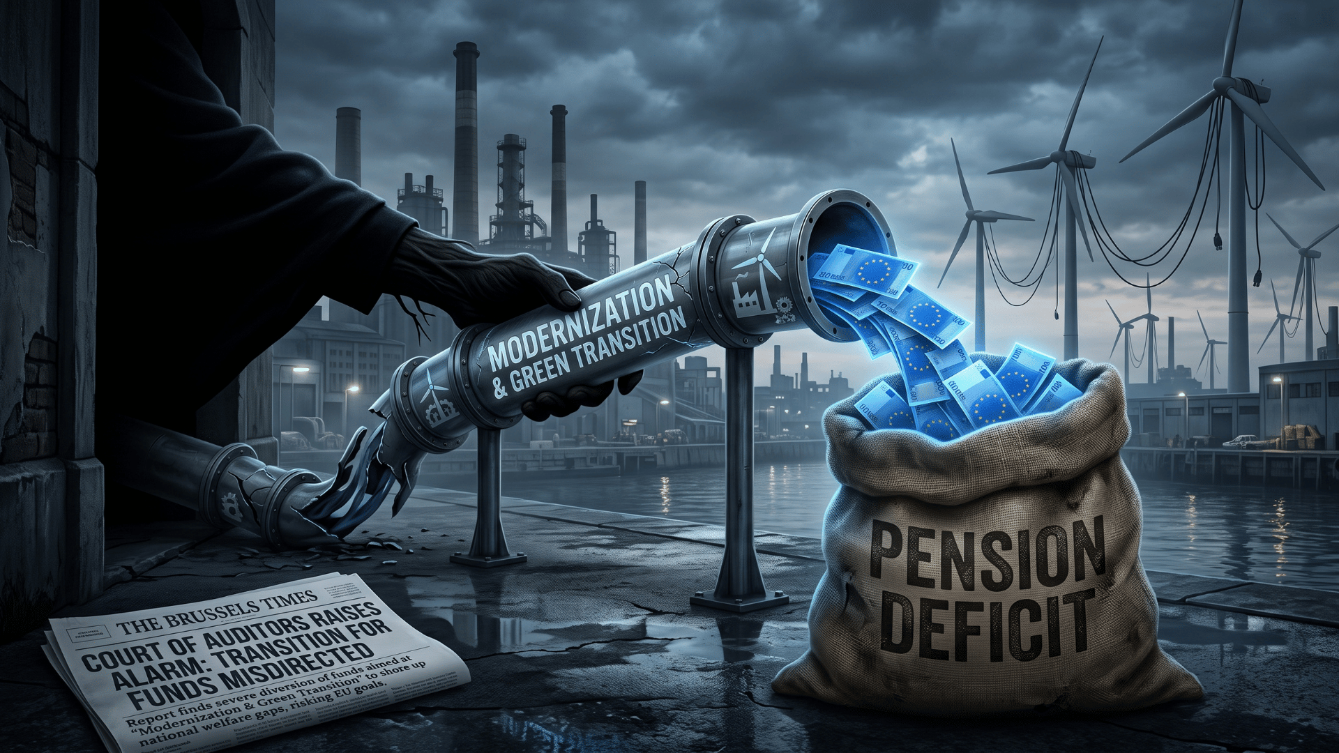 Fondos europeos y pensiones representados en una ilustración editorial sobre financiación pública.