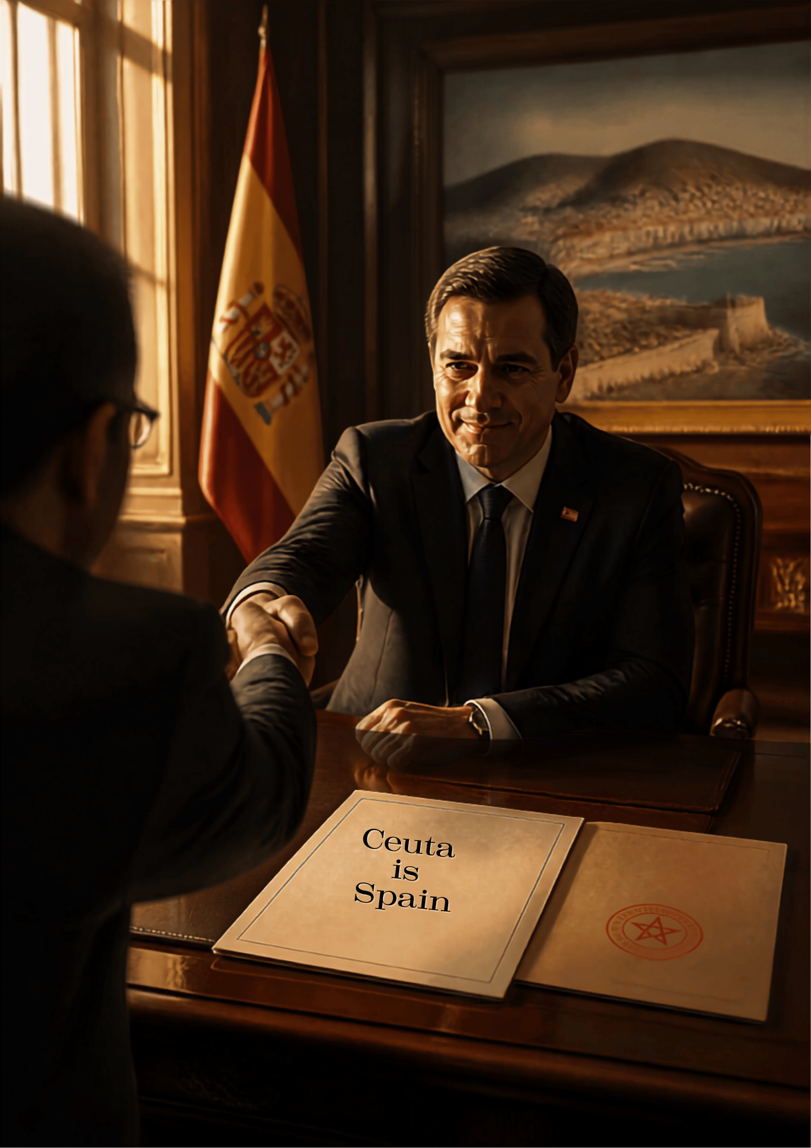 La imagen recrea una escena de poder y negociación política en el despacho de un alto cargo.