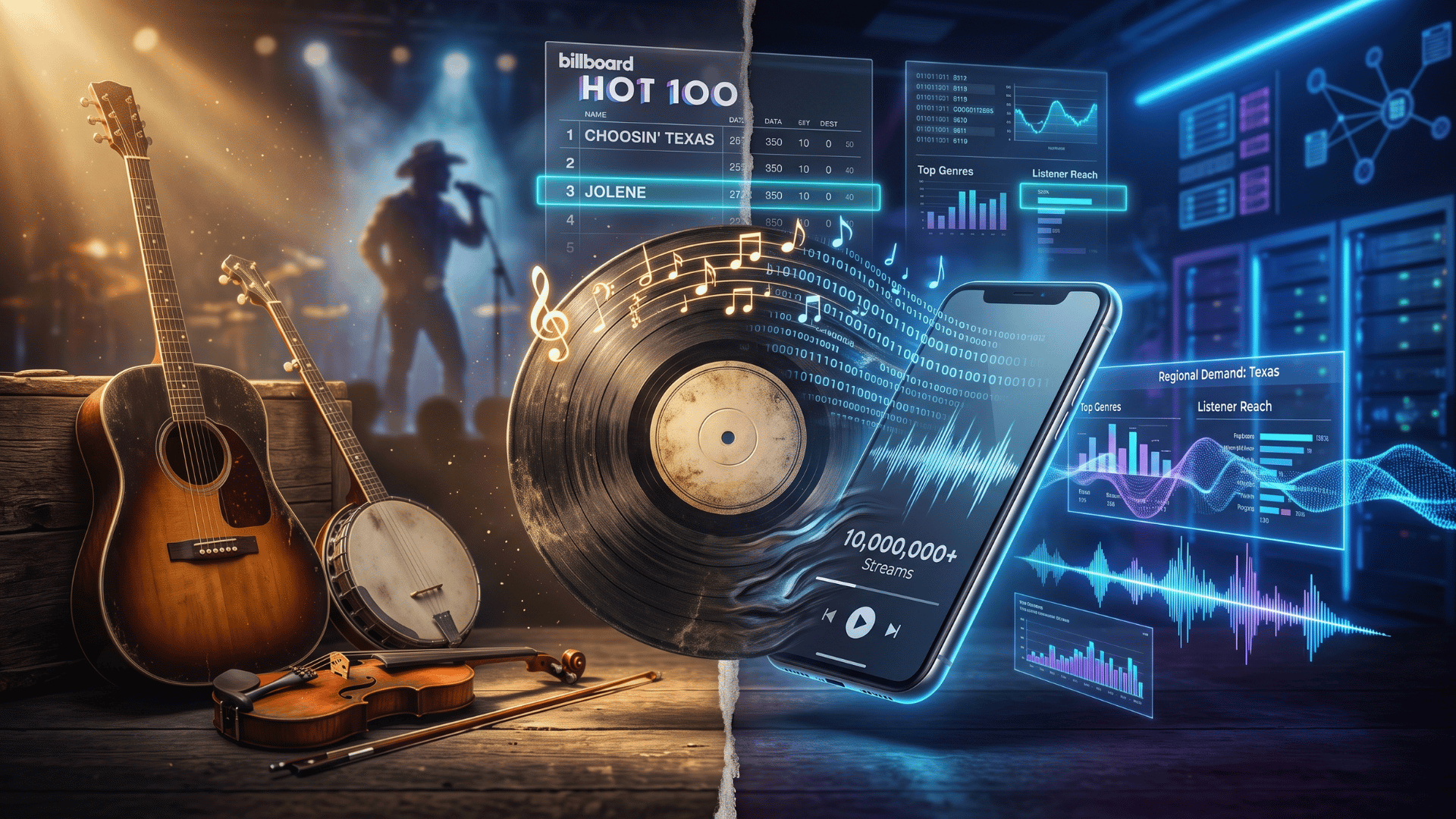 Vinilo, smartphone e instrumentos como representación del catálogo musical en la era del streaming.