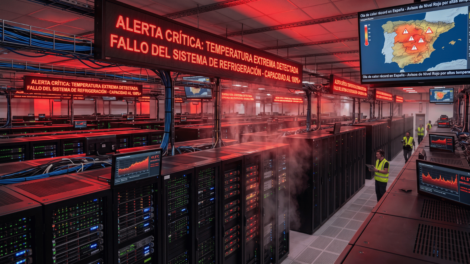 Ilustración de infraestructura de telecomunicaciones expuesta al calor.