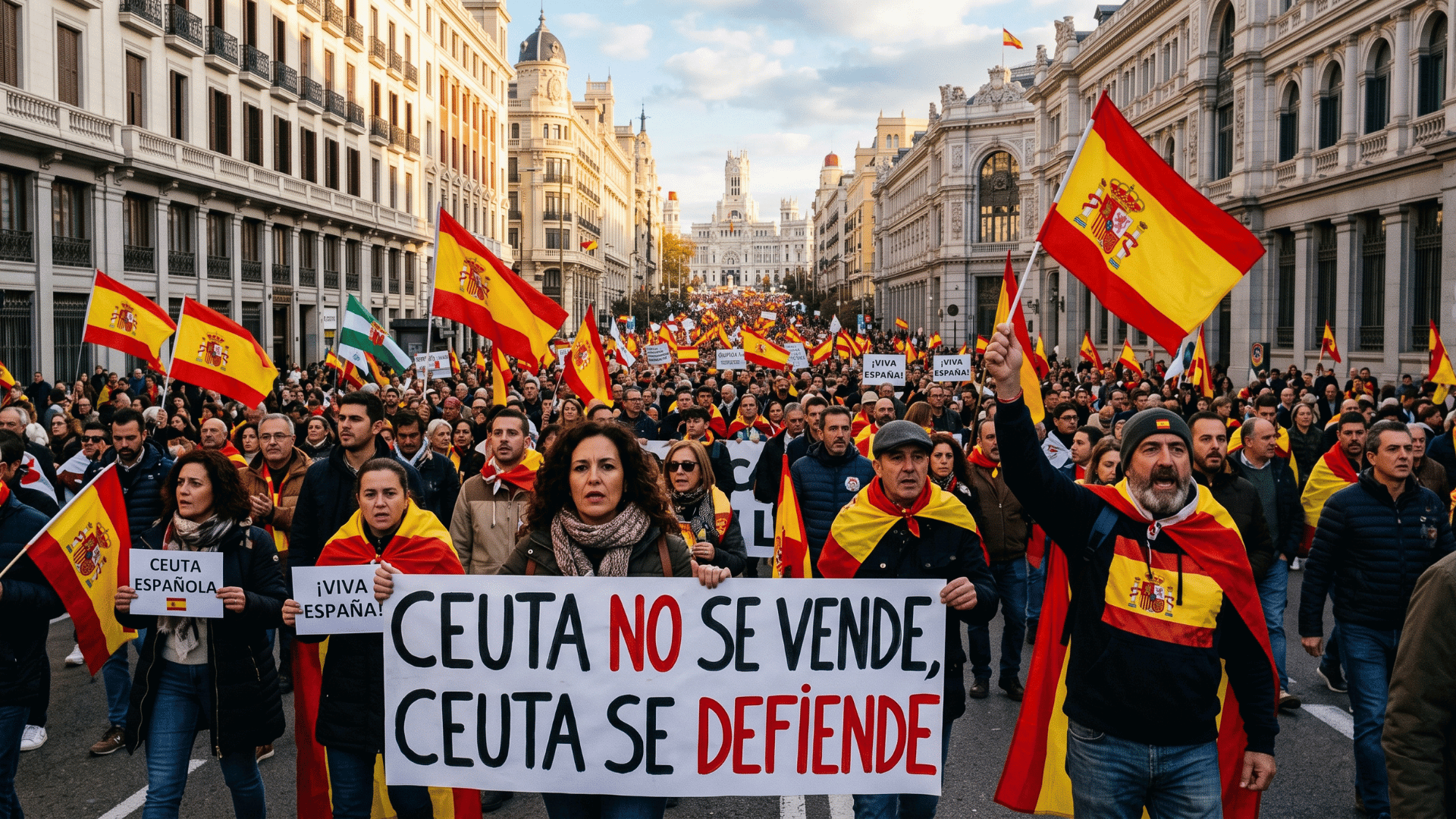 Gran manifestación por toda España en defensa de la integridad nacional con carteles visibles que se lee "Ceuta no se vende, Ceuta se defiende".