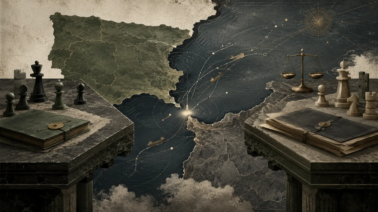 Ilustración editorial del Estrecho con Ceuta entre dos mesas institucionales, rutas marítimas, documentos y piezas de ajedrez.