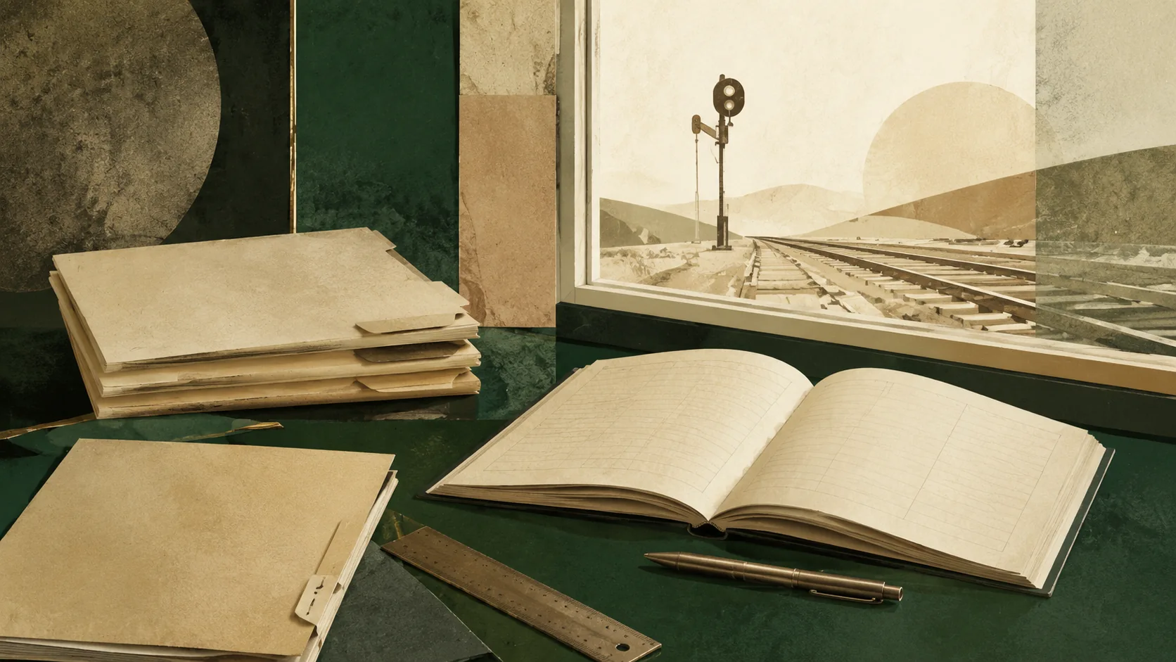 Ilustración de carpetas y un registro junto a una vía, como símbolo del control documental ferroviario.