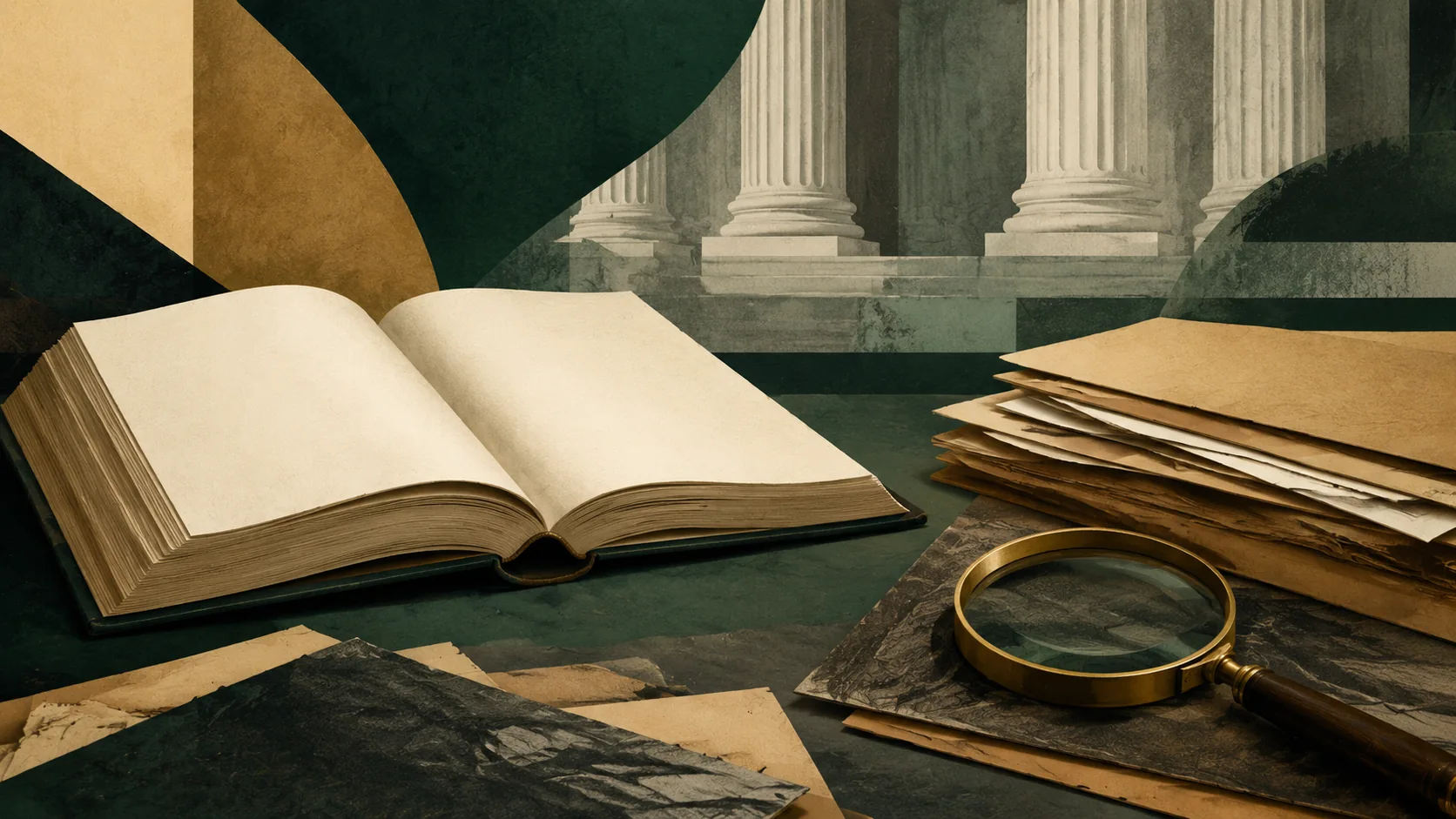 Ilustración de un libro jurídico, expedientes y una lupa para representar el examen de pruebas.