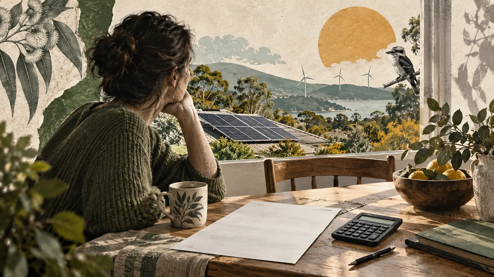 Mesa doméstica con un recibo en blanco y una calculadora, ante paneles solares y aerogeneradores.