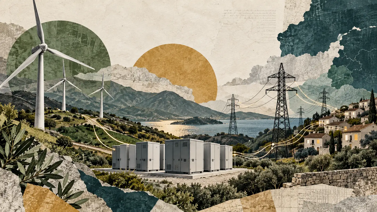 Aerogeneradores, baterías y torres eléctricas enlazadas con viviendas en un collage editorial.