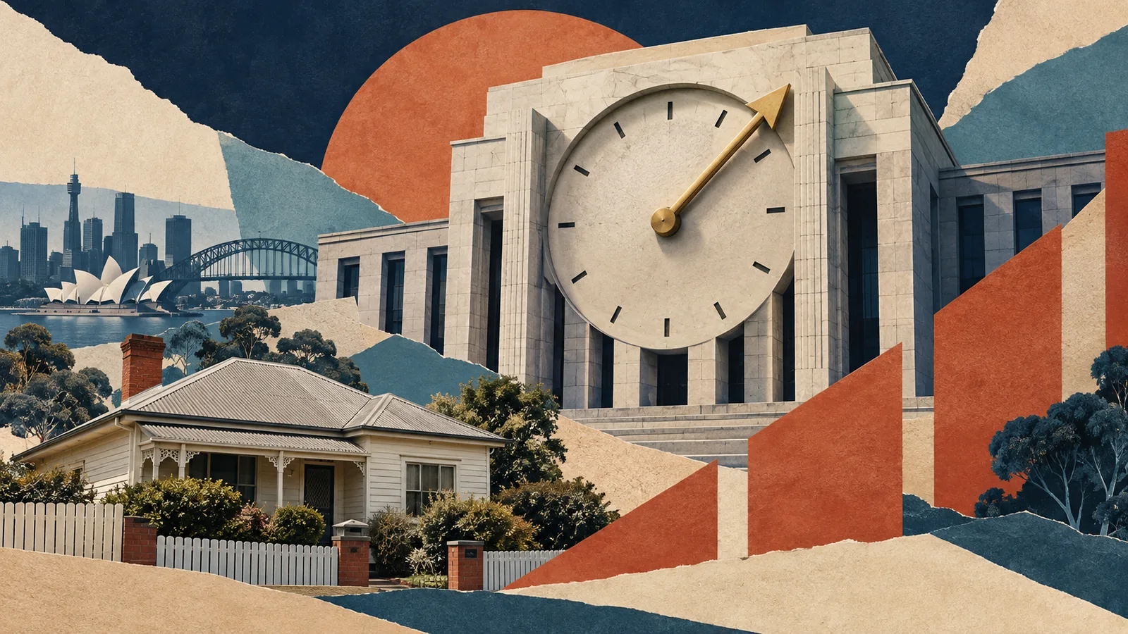 Collage conceptual con edificio institucional, reloj ascendente y vivienda australiana
