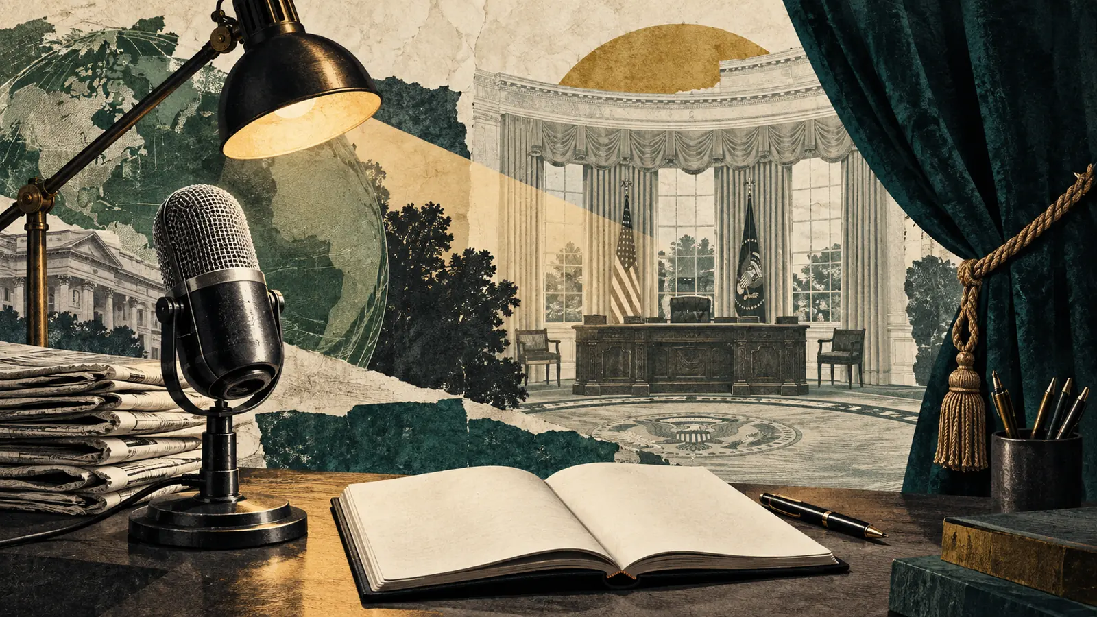 Cuaderno abierto, micrófono y lámpara que ilumina arquitectura presidencial tras una cortina.