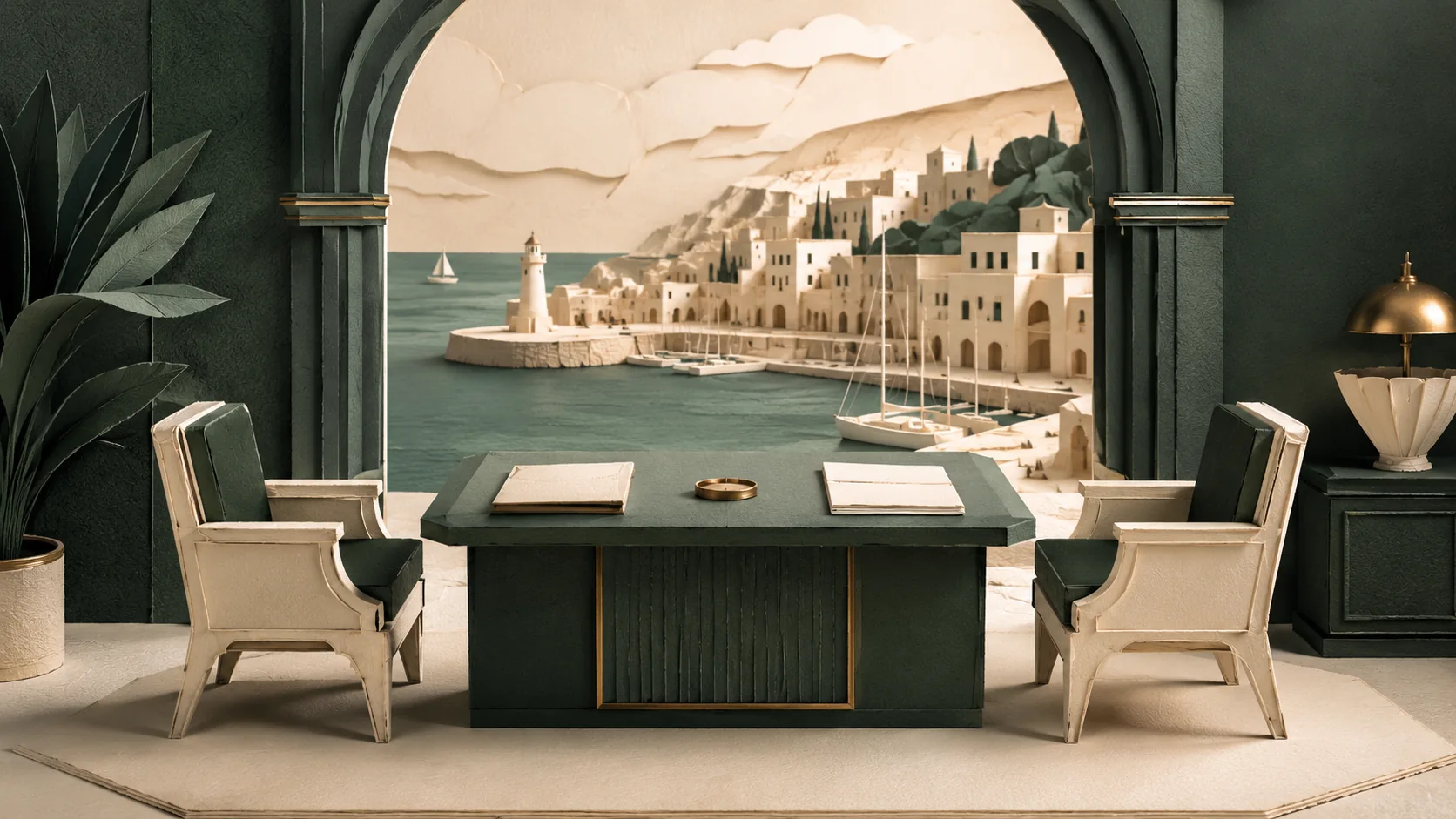 Ilustración de dos sillas ante una mesa con carpetas y un puerto al fondo