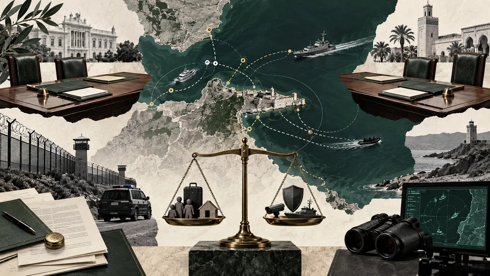 Ilustración editorial de dos mesas institucionales conectadas por rutas marítimas, controles y una balanza.