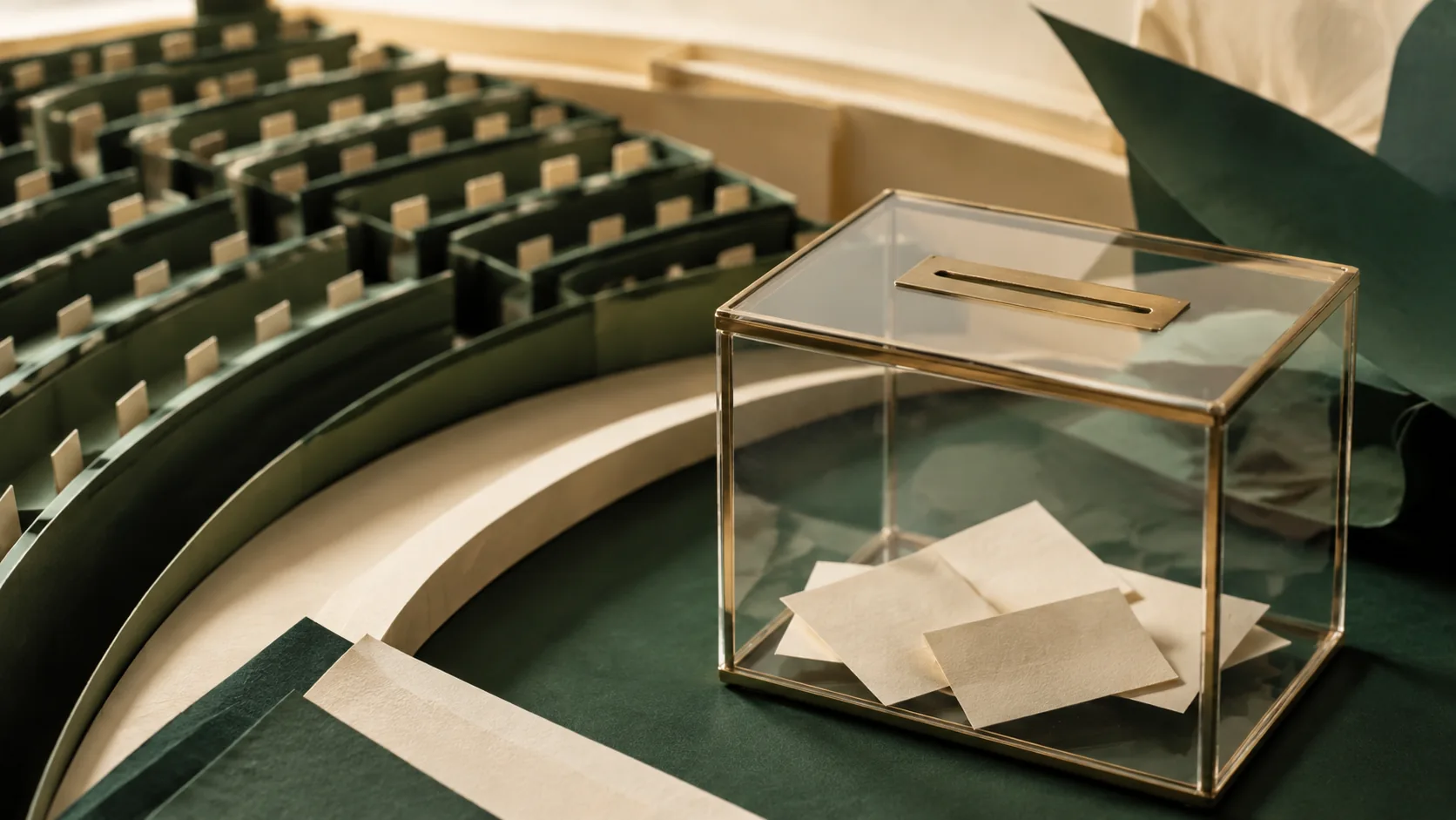 Ilustración de una urna con papeletas en blanco ante un hemiciclo
