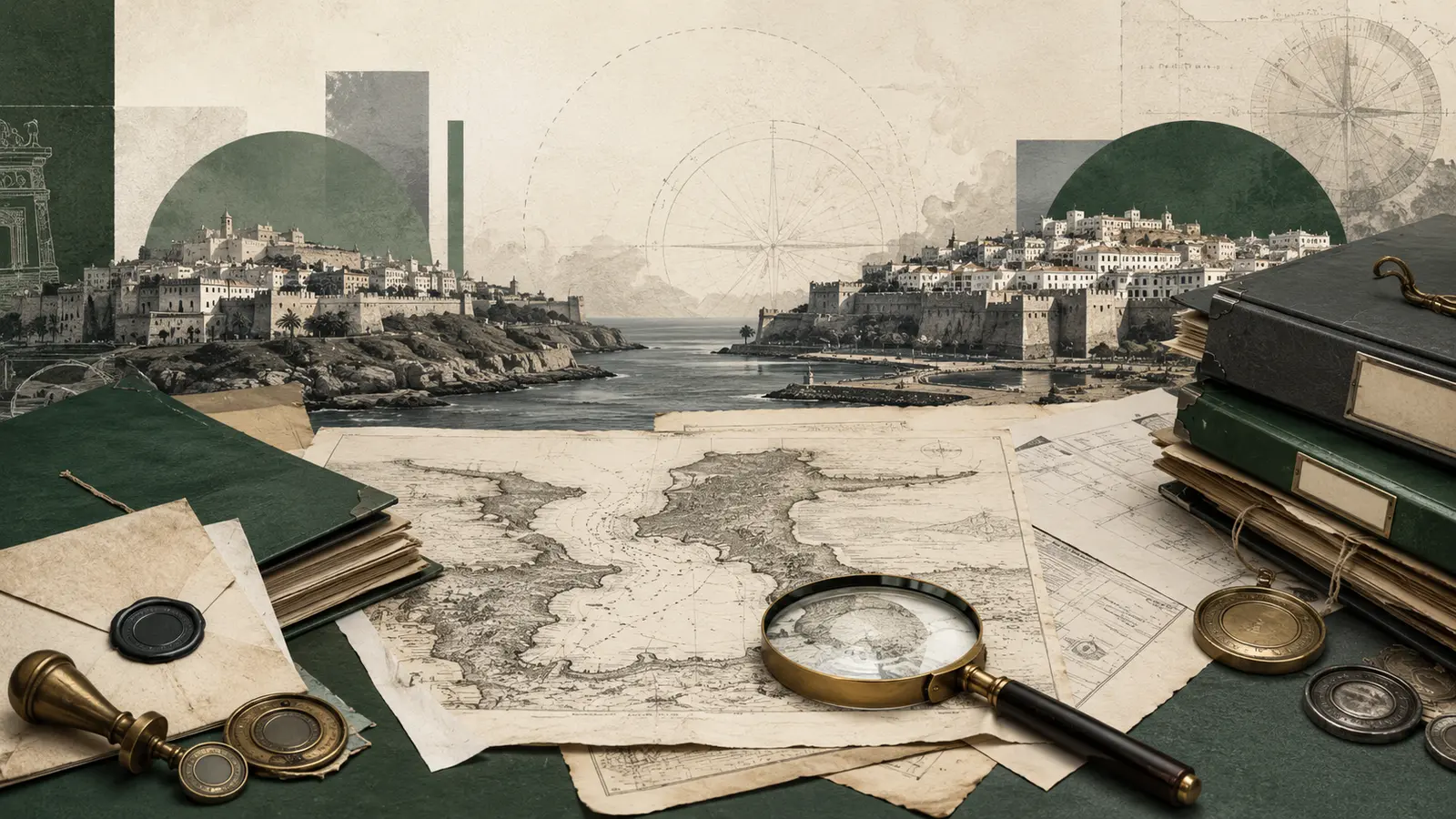 Ilustración editorial con mapas históricos de Ceuta y Melilla, archivos, sellos y una lupa.