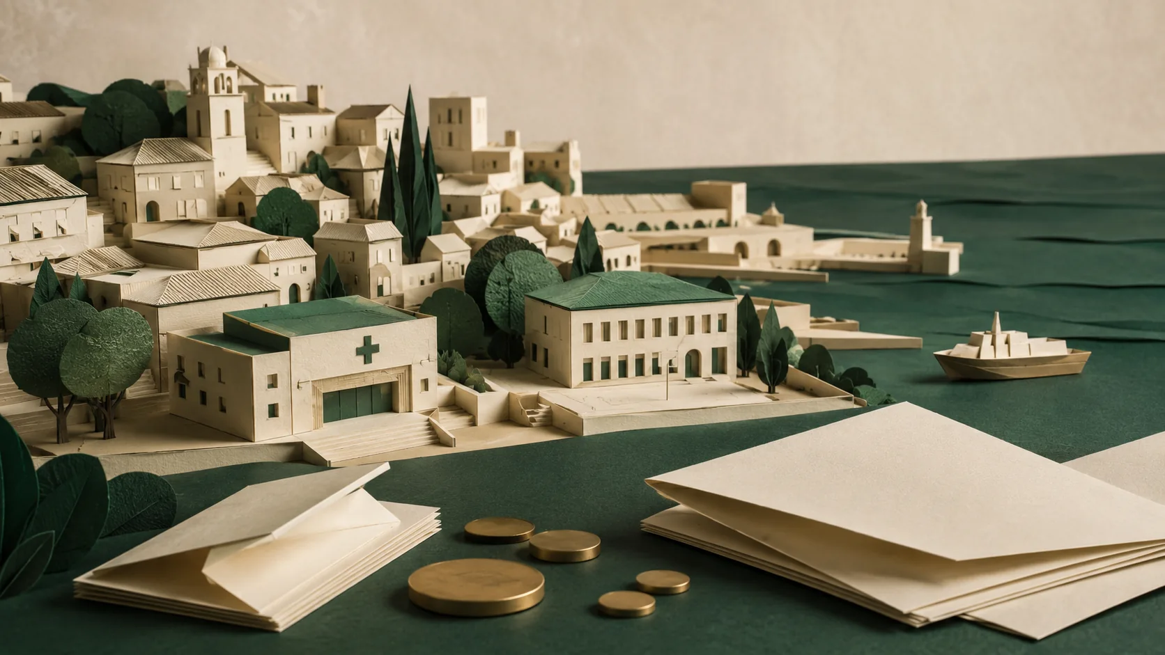 Ilustración de servicios públicos en una ciudad portuaria de papel junto a documentos y monedas