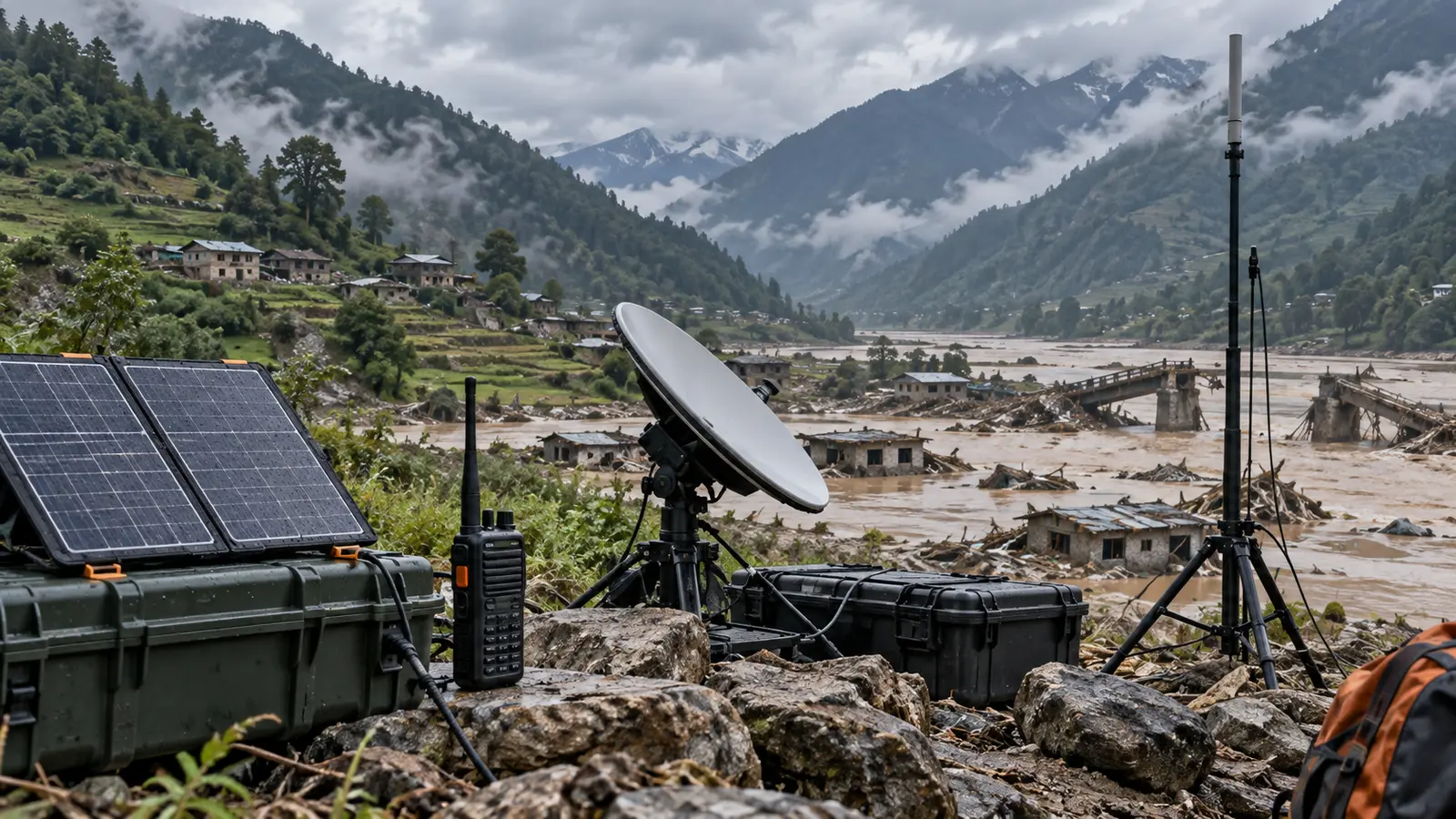 Equipos portátiles de radio, satélite y energía solar restableciendo comunicaciones tras una inundación en Nepal.