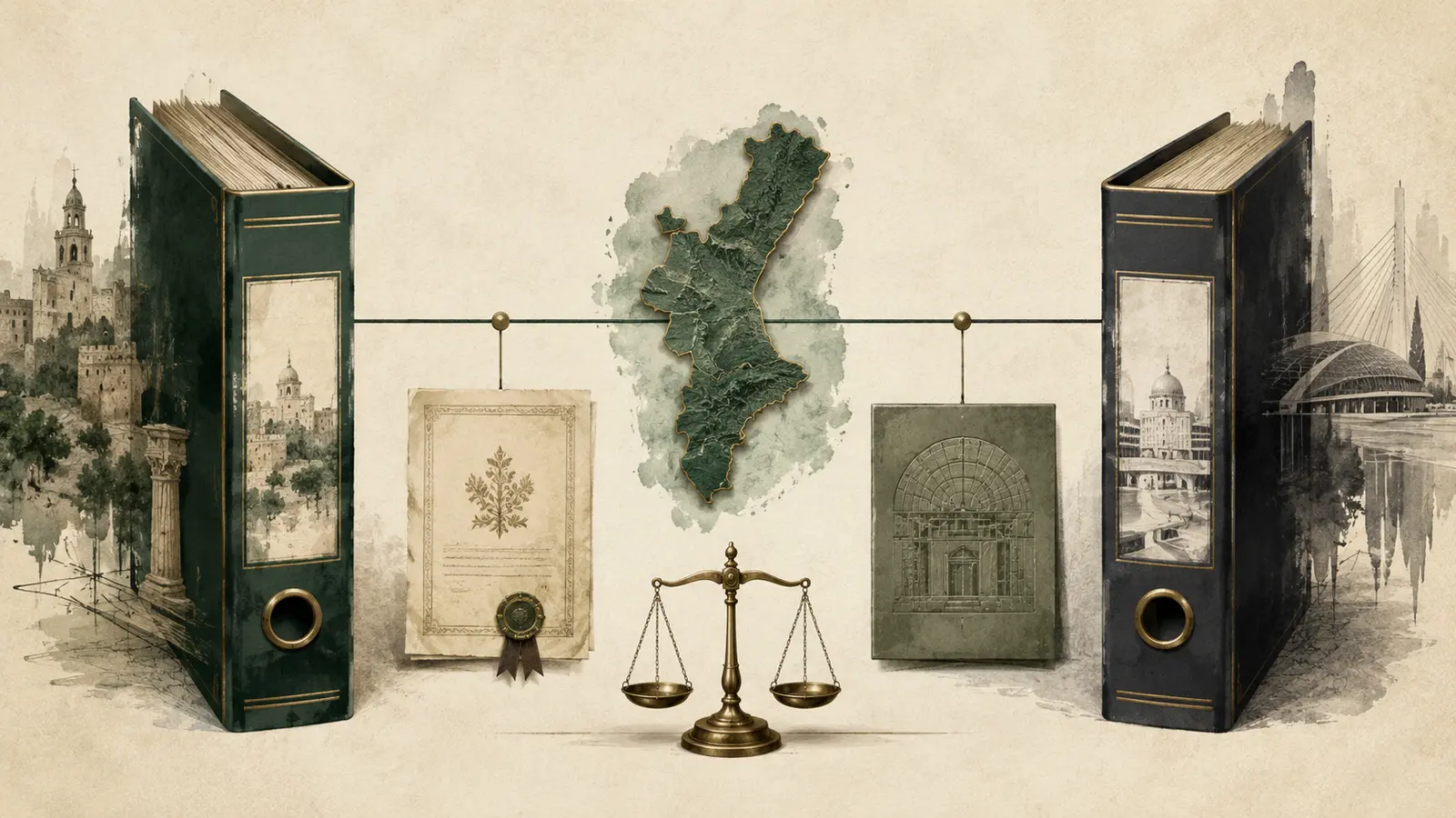Ilustración editorial con el mapa valenciano entre dos archivos institucionales y una balanza.