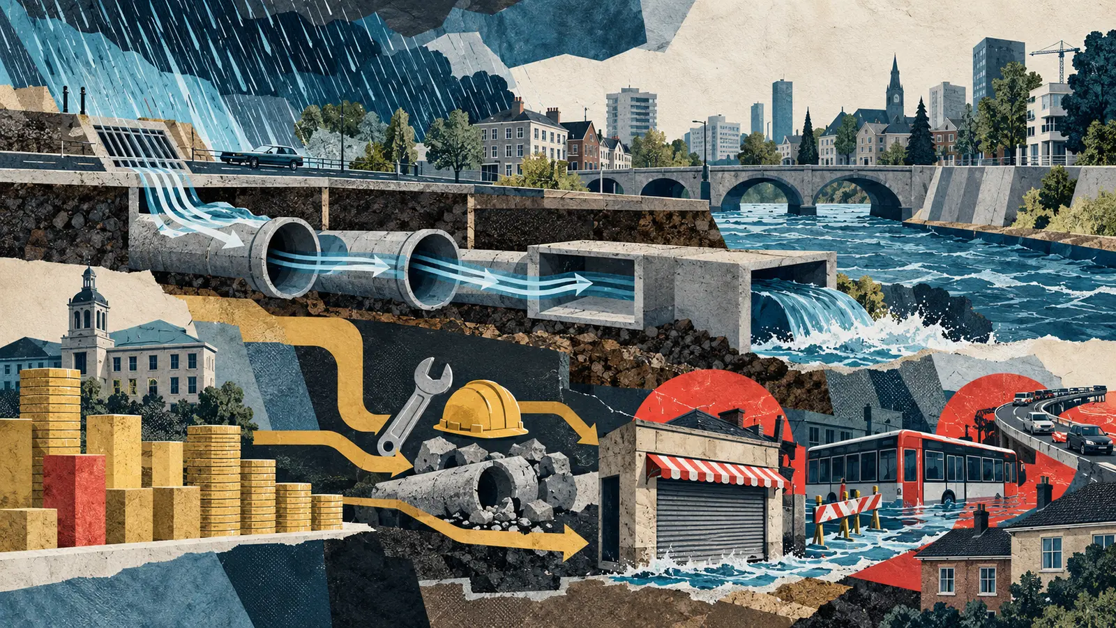 Collage editorial de drenajes, presupuesto público, mantenimiento y transporte afectado por una inundación