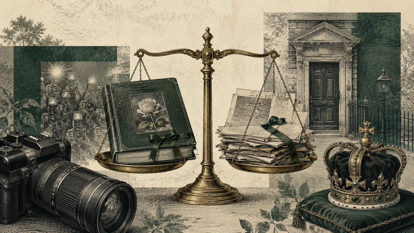 Ilustración editorial con una cámara, una balanza, archivos de memoria y una corona simbólica.