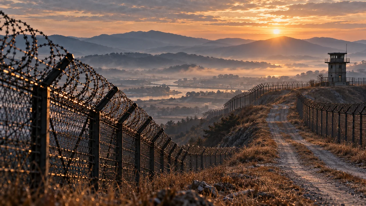 Alambradas y puesto de observación en una frontera coreana al amanecer, en una escena conceptual.