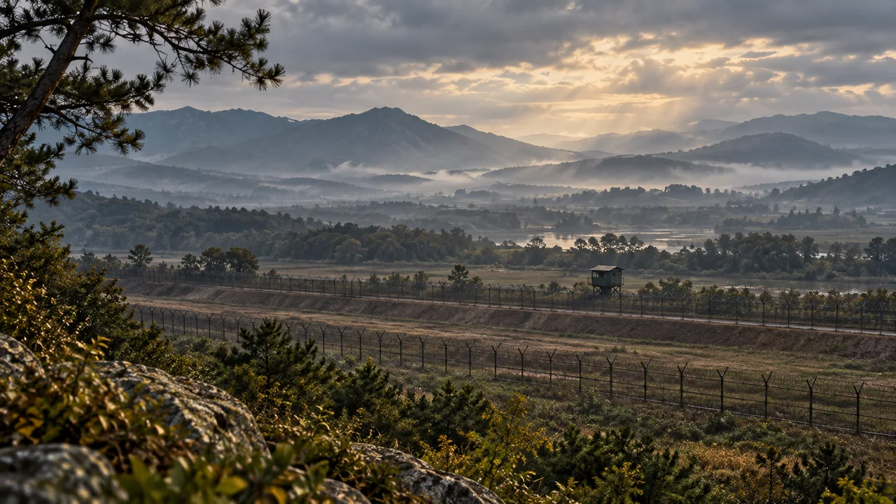 Panorámica conceptual de la zona desmilitarizada coreana, con vallas y puesto de observación entre colinas; no representa el lugar del incidente.