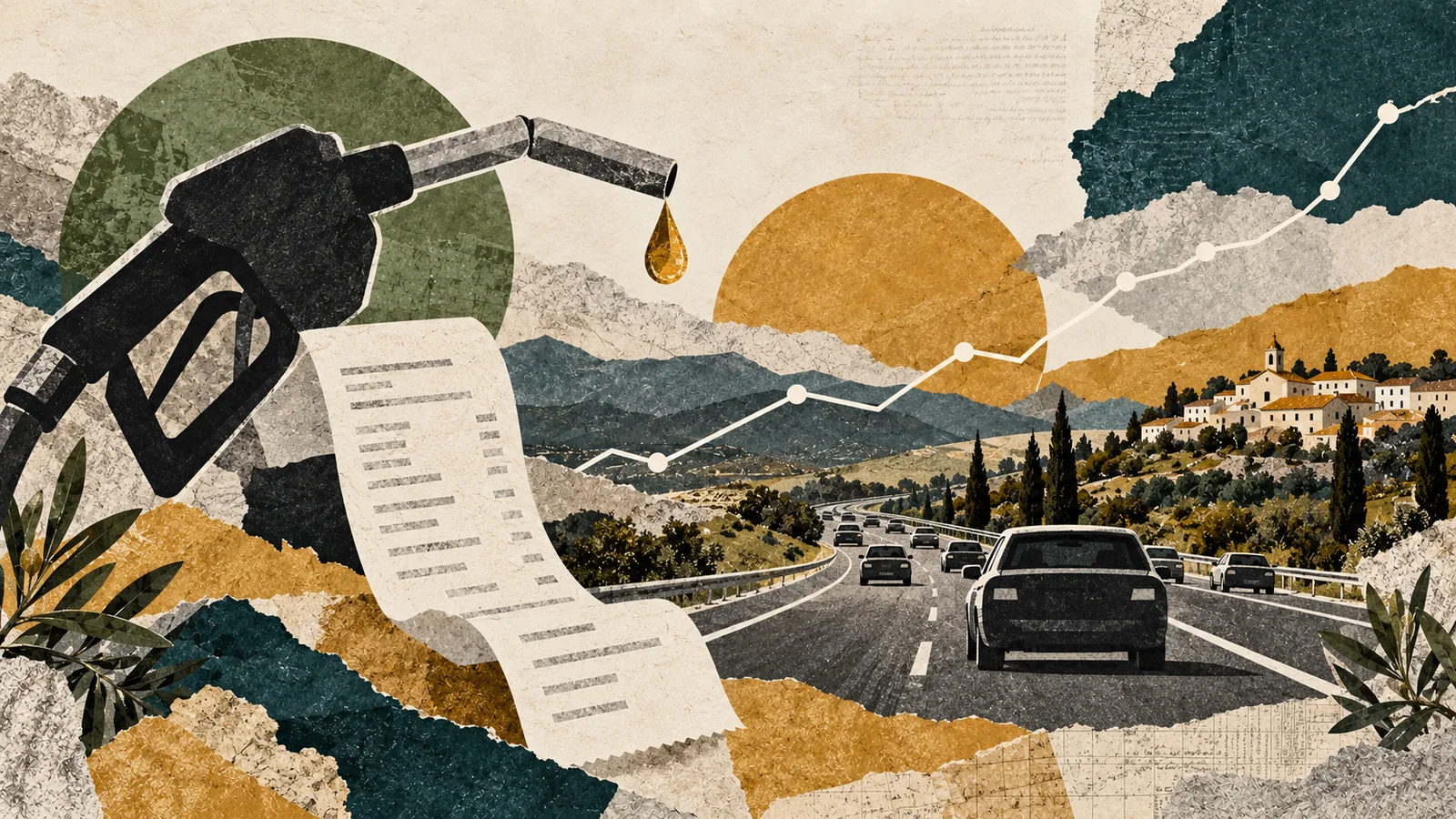 Collage editorial de surtidor, recibo y carretera que representa la inflación en España