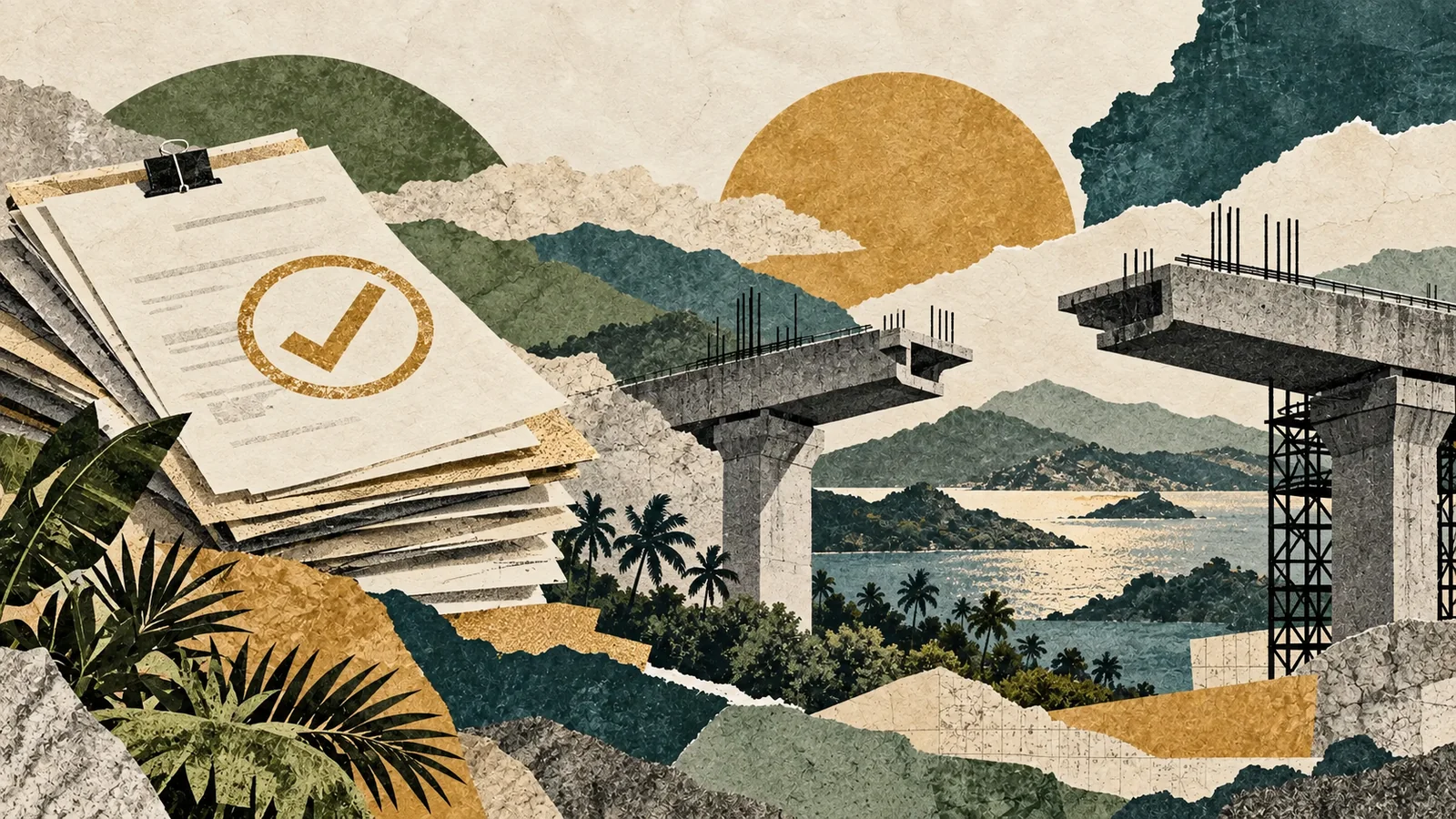 Collage editorial de puente inacabado y expedientes de inversión pública en Filipinas