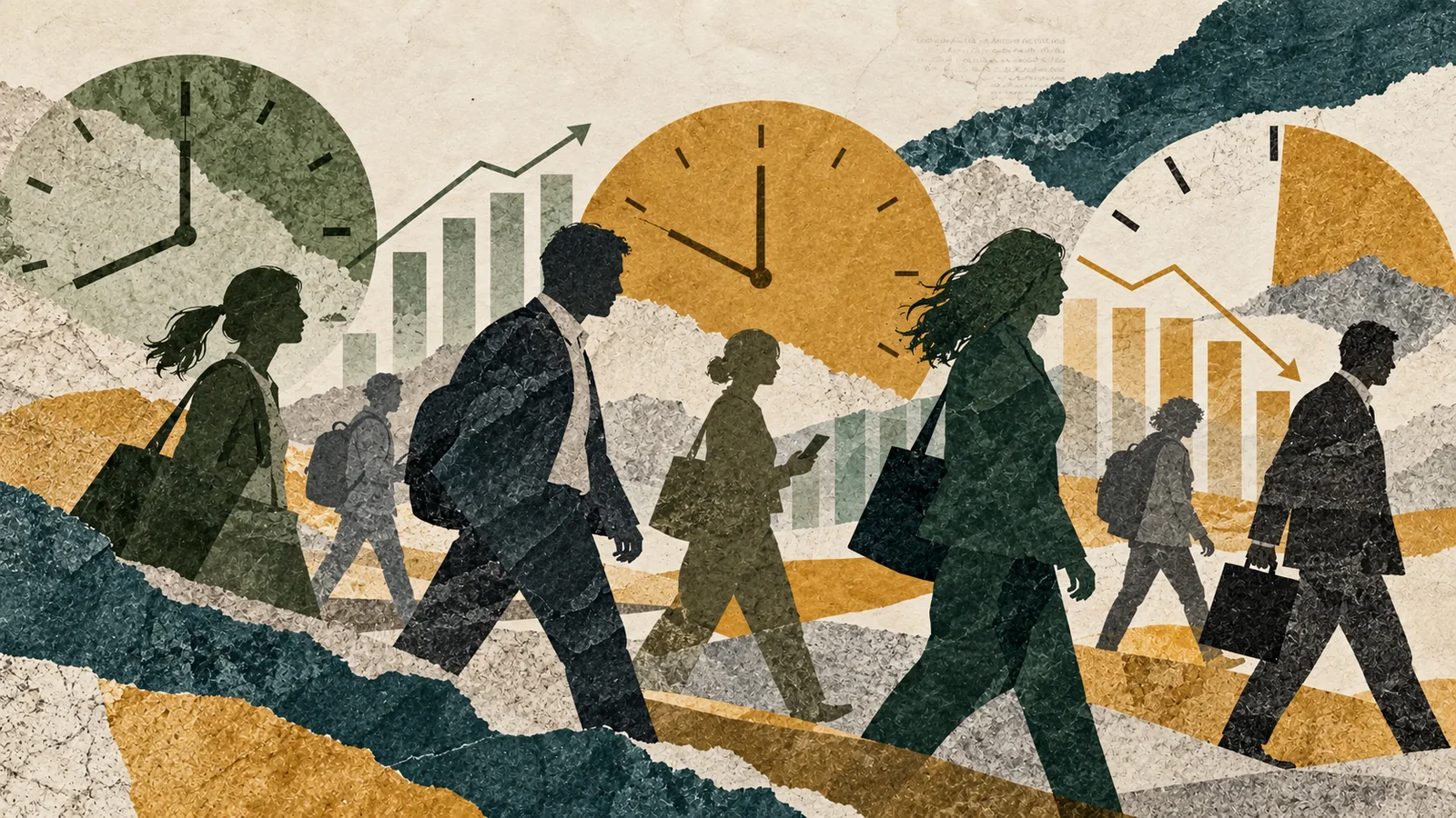 Collage editorial de trabajadores, relojes y gráficos sobre el mercado laboral australiano