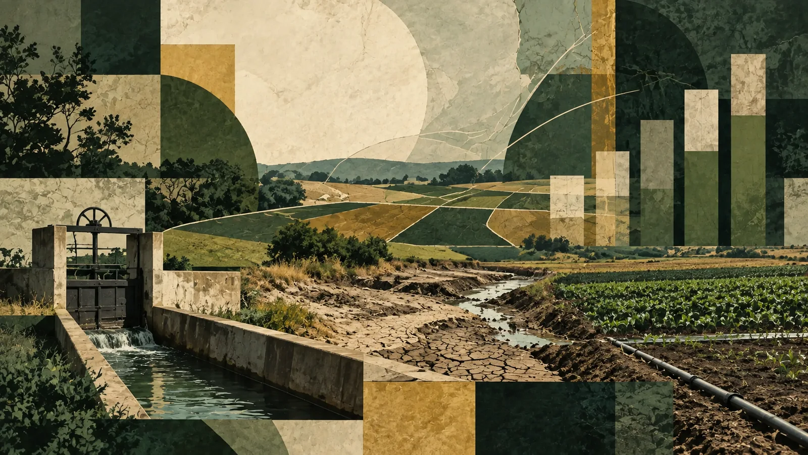 Canal de riego, parcelas y barras de presupuesto en un collage conceptual
