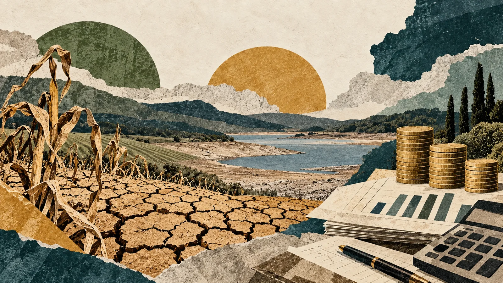 Collage editorial de cultivo seco, embalse bajo y cuentas públicas en Uruguay