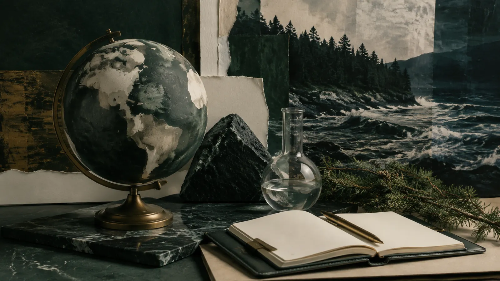 Ilustración de un globo, un recipiente de laboratorio y un cuaderno ante el mar y un bosque.