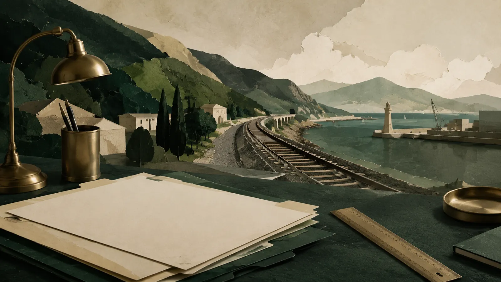 Ilustración de documentos y una regla junto a una vía ferroviaria y un puerto ficticios.