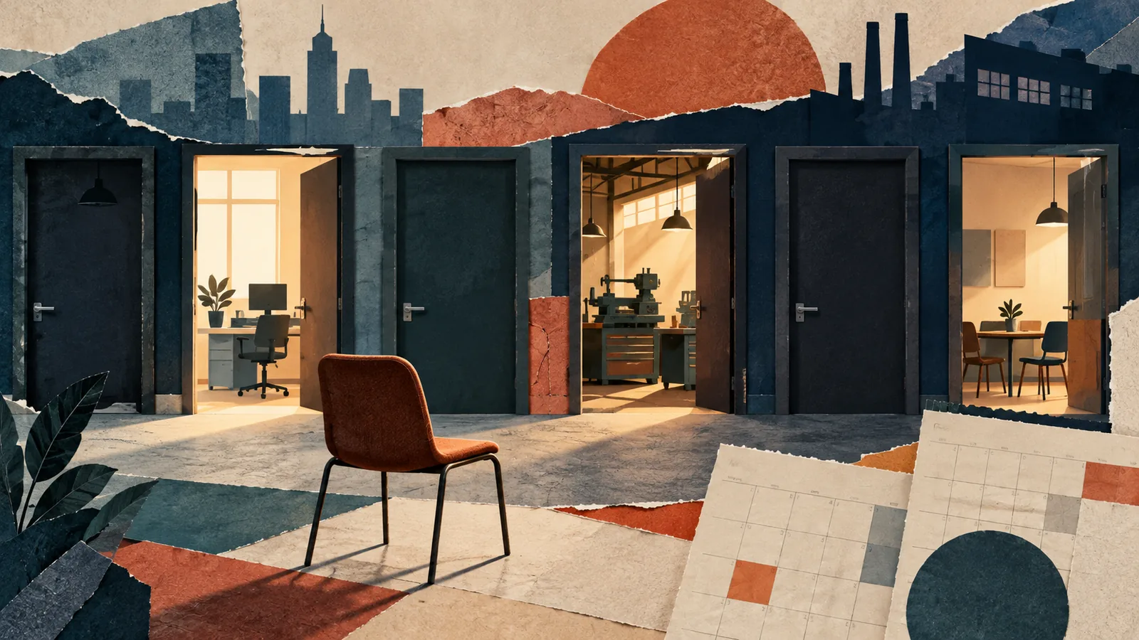 Collage conceptual con puertas de trabajo abiertas y cerradas y una silla vacía