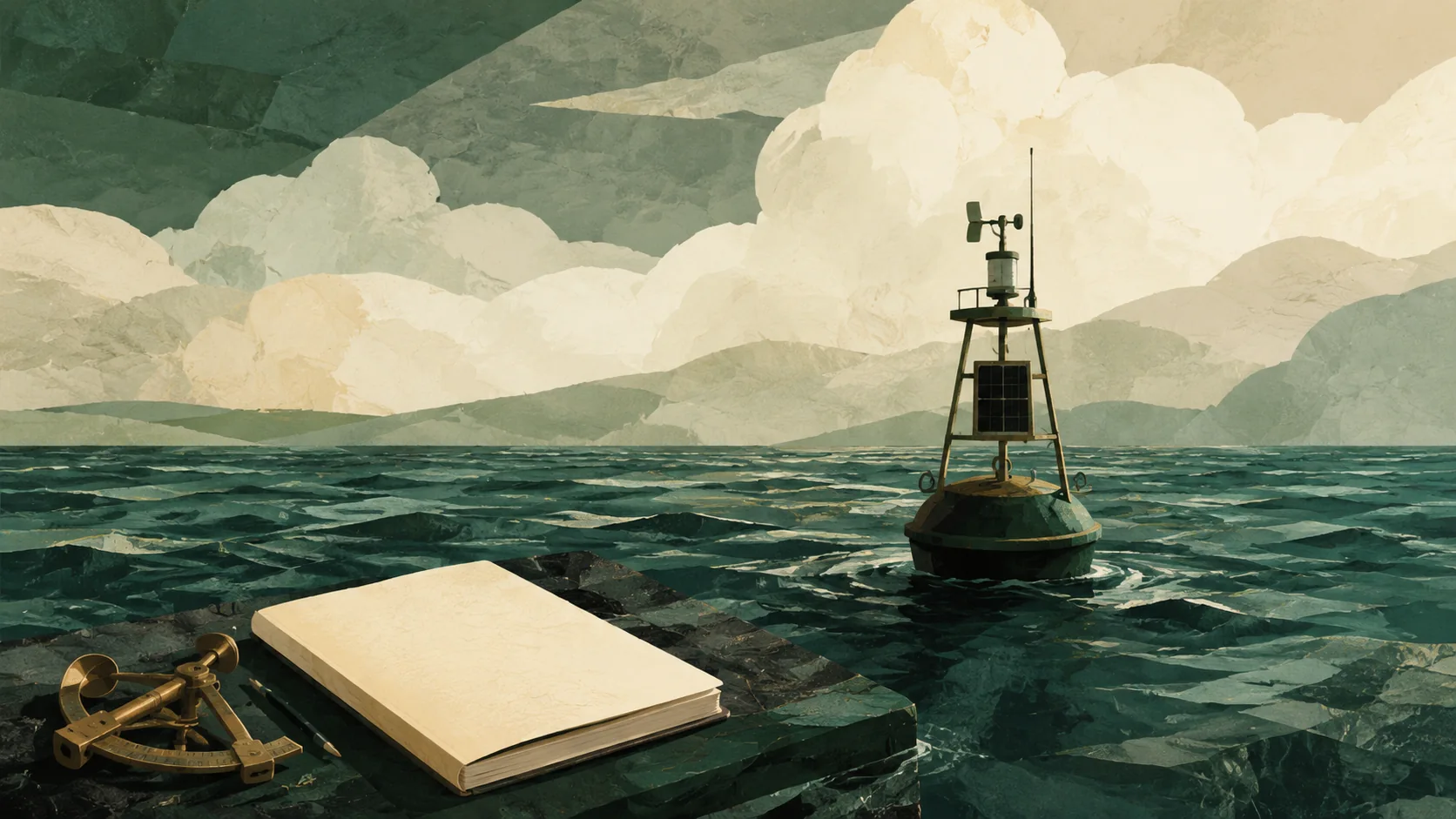 Ilustración de una boya oceánica junto a un cuaderno de observación.
