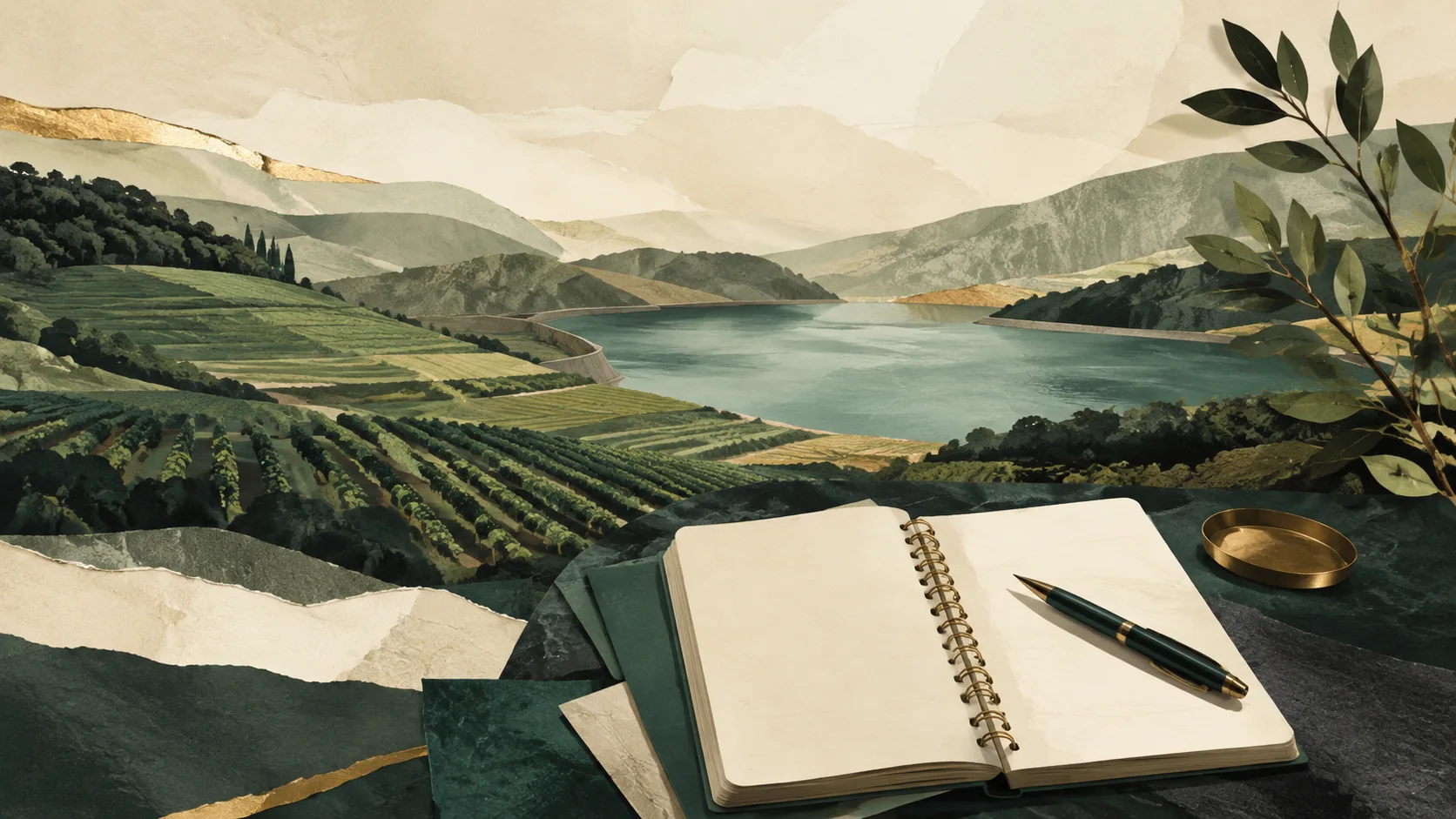 Ilustración de campos, un embalse y un cuaderno de planificación.