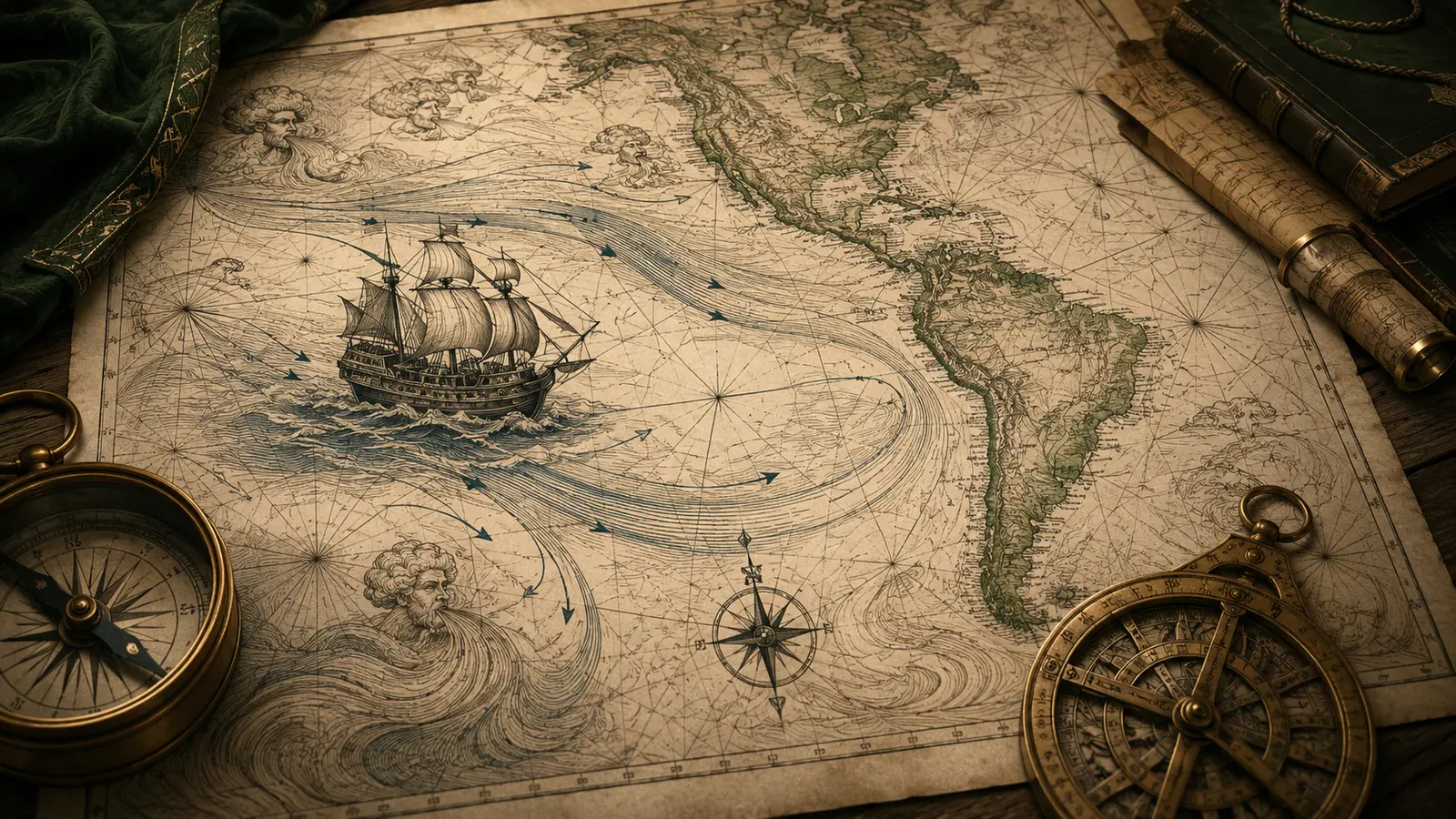 Ilustración editorial de un galeón sobre una carta del Pacífico con corrientes, brújula y astrolabio.