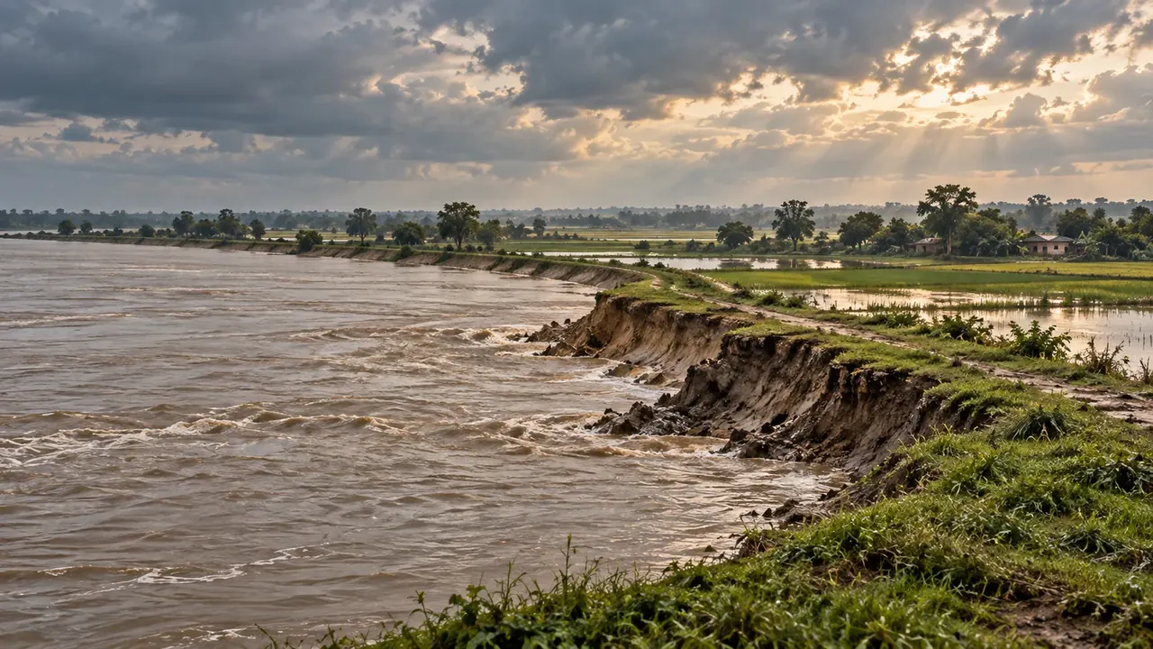 Río crecido junto a una defensa de tierra erosionada en una llanura agrícola, ilustración conceptual sin representar una fotografía del lugar.