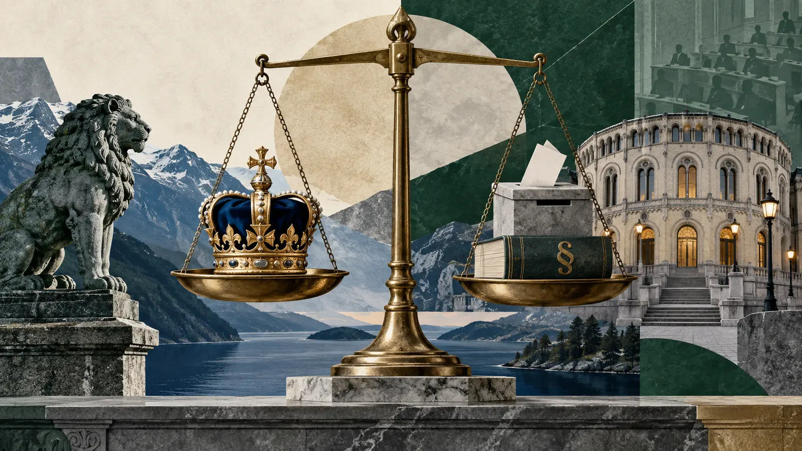 Ilustración editorial de una corona y el Parlamento noruego equilibrados con una Constitución y una urna.