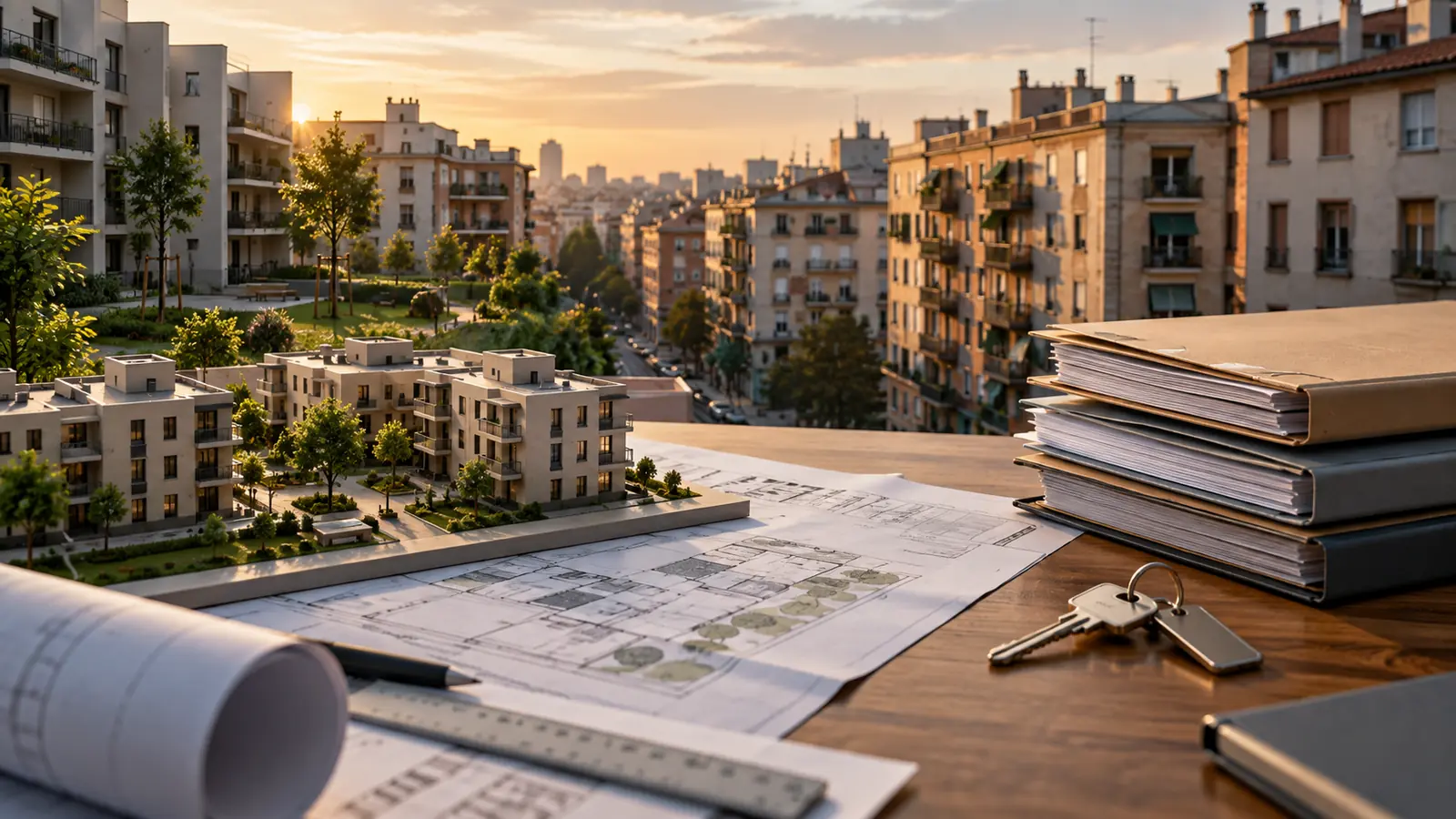 Maqueta de viviendas asequibles, planos, carpetas y unas llaves ante un barrio de pisos al amanecer; ilustración conceptual.