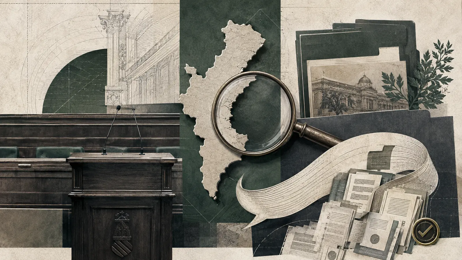 Joan Baldoví y el pancatalanismo: ilustración editorial con una tribuna, el mapa valenciano, una lupa y documentos institucionales.