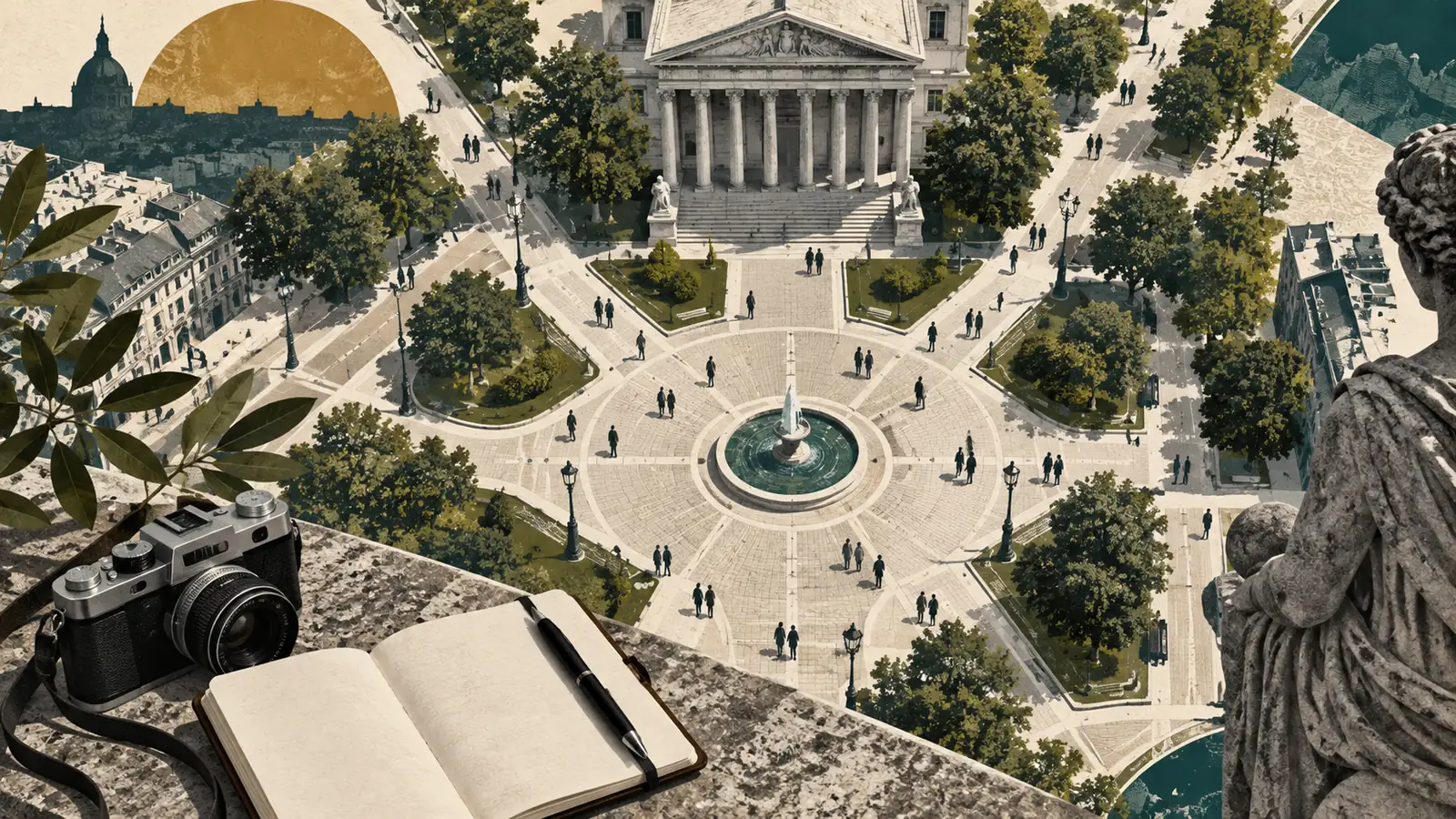 Ilustración de una plaza cívica con una cámara y un cuaderno en primer plano.