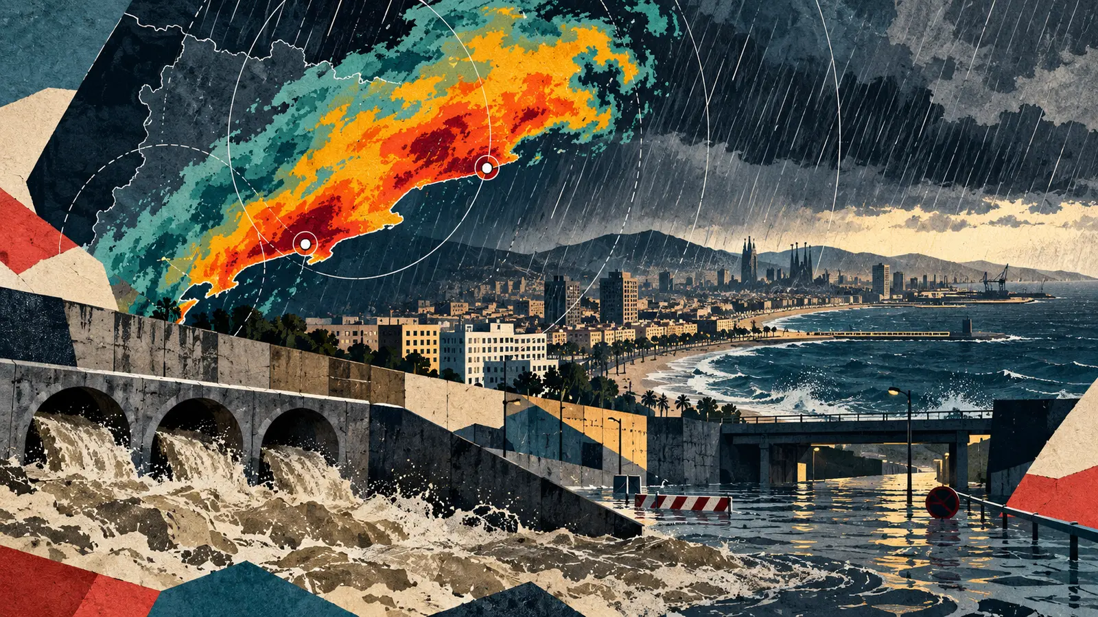 Collage editorial de un frente de lluvias intensas sobre la costa catalana y una red urbana anegada