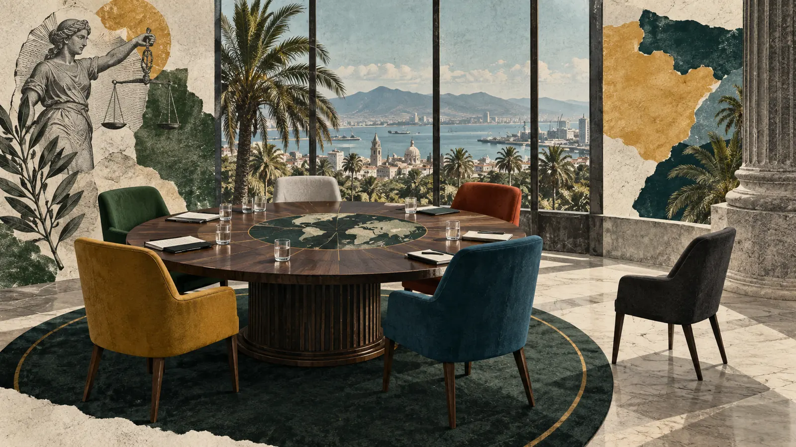 Sillas alrededor de una mesa de gobierno, con una retirada, ante un paisaje tropical.