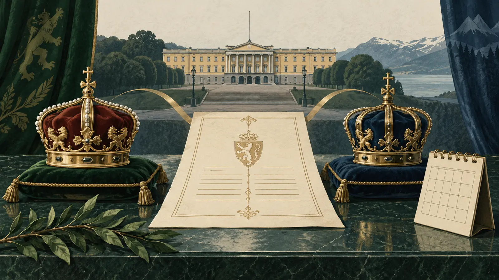 Ilustración editorial con dos coronas simbólicas, un documento constitucional y el palacio noruego.