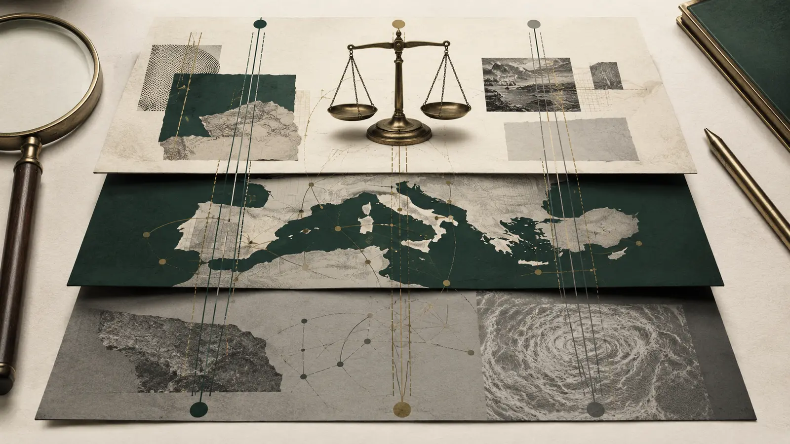 Ilustración editorial con mapas superpuestos, una balanza y materiales de análisis sobre una mesa.