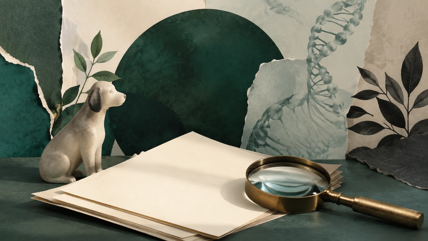 Ilustración de documentos, una lupa y una figura canina.