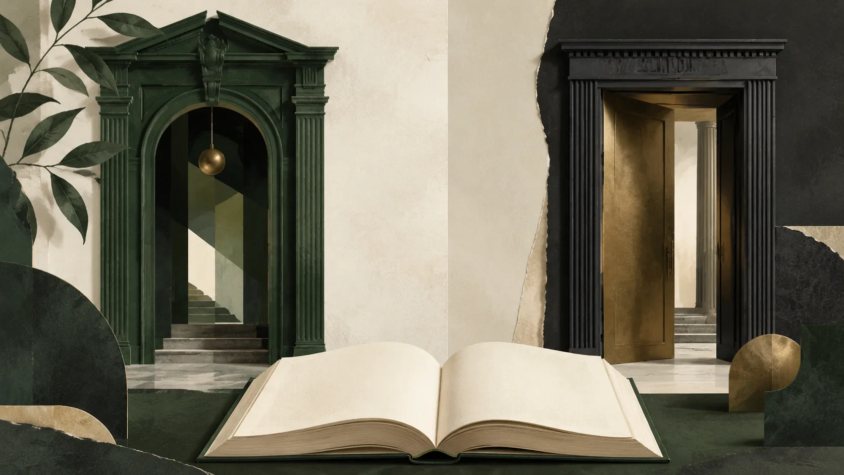 Ilustración de un libro y dos puertas como símbolo de competencias institucionales diferenciadas.